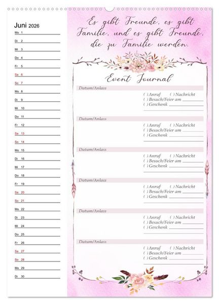 Produktbild: Geburtstagsplaner Boho Rosa - F&uuml;r Termine, Geschenke, Eventdetails & mehr (hochwertiger Premium Wandkalender 2026 DIN A2 hoch), Kunstdruck in Hochglanz