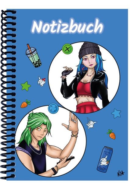 Produktbild: A 4 Notizbuch Manga Quinn und Enora, blau, kariert