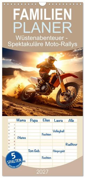 Produktbild: Familienplaner 2027 - W&uuml;stenabenteuer - Spektakul&auml;re Moto-Rallys mit 5 Spalten (Wandkalender, 21 x 45 cm) CALVENDO