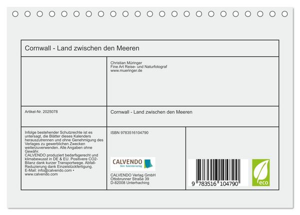 Produktbild: Cornwall - Land zwischen den Meeren (Tischkalender 2026 DIN A5 quer), CALVENDO Monatskalender