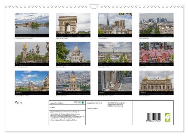 Produktbild: Paris (Wandkalender 2026 DIN A3 quer), CALVENDO Monatskalender