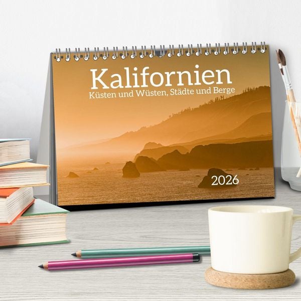 Produktbild: Kalifornien - K&uuml;sten und W&uuml;sten, St&auml;dte und Berge (Tischkalender 2026 DIN A5 quer), CALVENDO Monatskalender