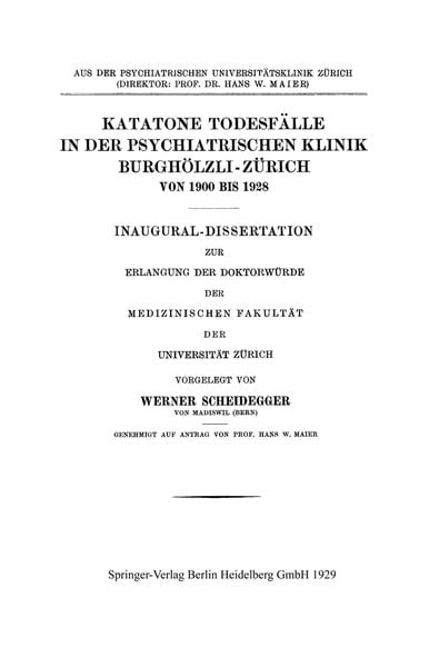 Produktbild: Katatone Todesf&auml;lle in der Psychiatrischen Klinik Burgh&ouml;lzli-Z&uuml;rich Von 1900 Bis 1928