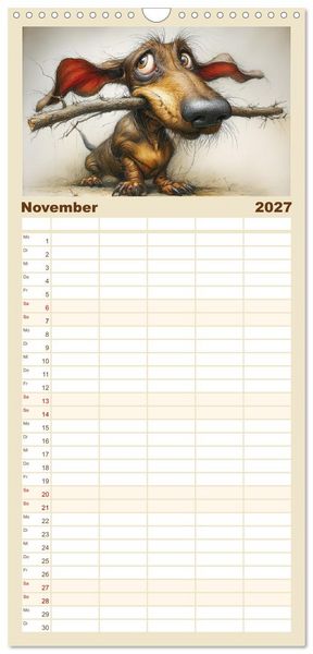 Produktbild: Familienplaner 2027 - Karikatur trifft Hund. Ein Blick auf charmante Vierbeiner mit 5 Spalten (Wandkalender, 21 x 45 cm) CALVENDO