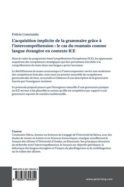 Produktbild: L&rsquo;acquisition implicite de la grammaire gr&acirc;ce &agrave; l&rsquo;intercompr&eacute;hension : le cas du roumain comme langue &eacute;trang&egrave;re en contexte ICE
