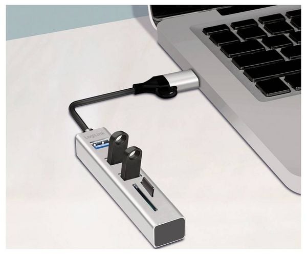 Produktbild: LogiLink UA0445 USB-Hub 3 Port USB-A, SDHC, microSDHC USB 3.0 5 GBit/s Aluminium UA0445