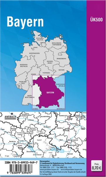 Produktbild: &Uuml;K500 Amtliche &Uuml;bersichtskarte von Bayern 1:500000 / &Uuml;K500 &Uuml;bersichtskarte von Bayern 1:500000