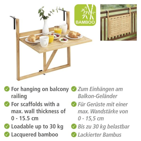 Produktbild: Bambus Balkon-Klapptisch Mod. Waikiki, zum Einh&auml;ngen an Balkongel&auml;nder
