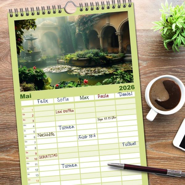 Produktbild: Familienplaner 2026 - Verwunschene G&auml;rten - Eine Zeitreise mit 5 Spalten (Wandkalender, 21 x 45 cm) CALVENDO