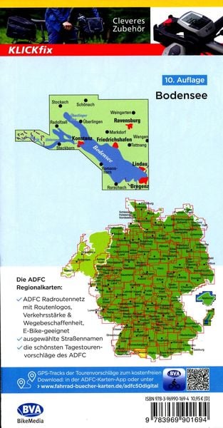 Produktbild: ADFC-Regionalkarte Bodensee, 1:50.000, reiß- und wetterfest, mit kostenlosem GPS-Download der Touren via BVA-website oder Karten-App