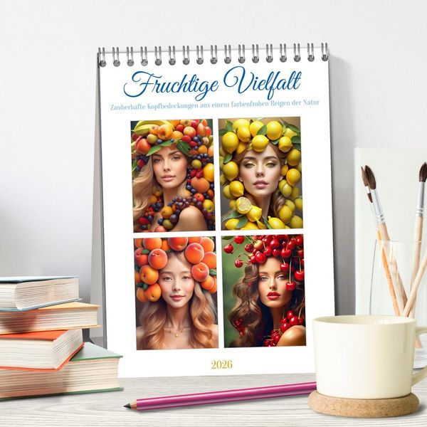 Produktbild: Fruchtige Vielfalt - Zauberhafte Kopfbedeckungen aus einem farbenfrohen Reigen der Natur (Tischkalender 2026 DIN A5 hoch), CALVENDO Monatskalender