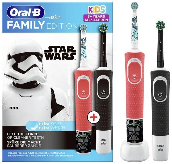 Produktbild: Oral-B D103 Black + D100 Star Wars D103.413.3-D100.410.2K Elektrische Kinderzahnb&uuml;rste Rotierend/Oszilierend Rot/Wei&szlig;, Schwarz/Wei&szlig;