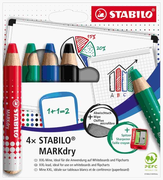 STABILO Whiteboard- und Flipchartmarker - MARKdry, 4er Set mit Spitzer und Abwischtuch