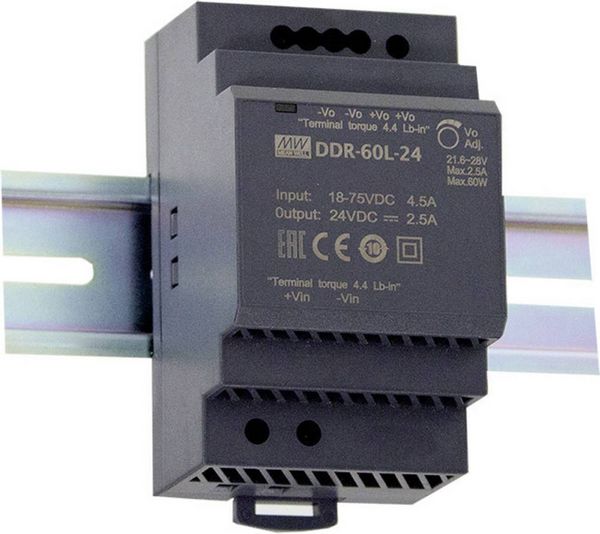 Produktbild: MEAN WELL DDR-60G-5 Hutschienen-DC/DC-Wandler (DIN-Rail) 5 V/DC 10.8 A 54 W Anzahl Ausg&auml;nge:1 x Inhalt 1 St.