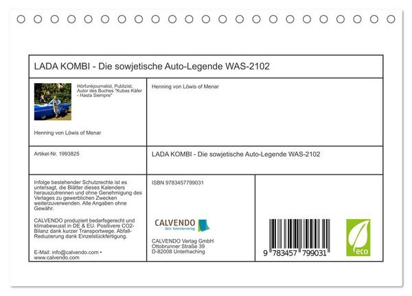 Produktbild: LADA KOMBI - Die sowjetische Auto-Legende WAS-2102 (Tischkalender 2026 DIN A5 quer), CALVENDO Monatskalender