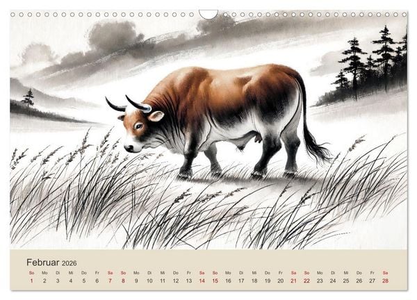 Produktbild: Chinesische Tierkreiszeichen - Kunstvolle KI-Tuschemalerei des Ostens (Wandkalender 2026 DIN A3 quer), CALVENDO Monatskalender