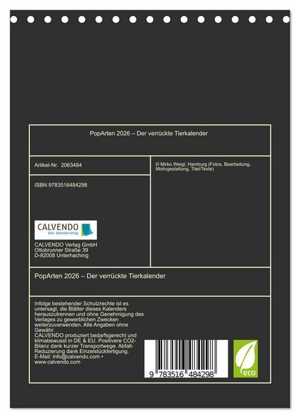 Produktbild: PopArten 2026 &ndash; Der verr&uuml;ckte Tierkalender (Tischkalender 2026 DIN A5 hoch), CALVENDO Monatskalender