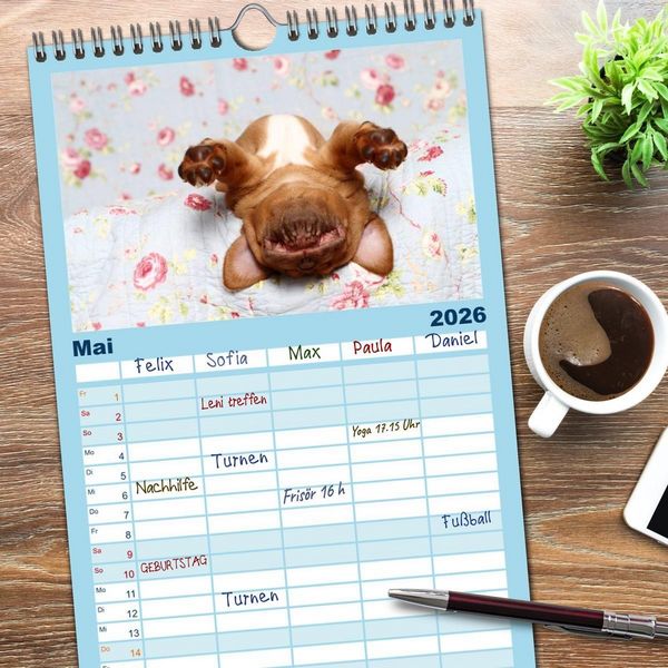 Produktbild: Familienplaner 2026 - S&uuml;&szlig;e Tr&auml;ume 2026 - schlafende Hundewelpen mit 5 Spalten (Wandkalender, 21 x 45 cm) CALVENDO