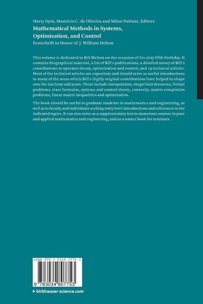 Produktbild: Mathematical Methods in Systems, Optimization, and Control