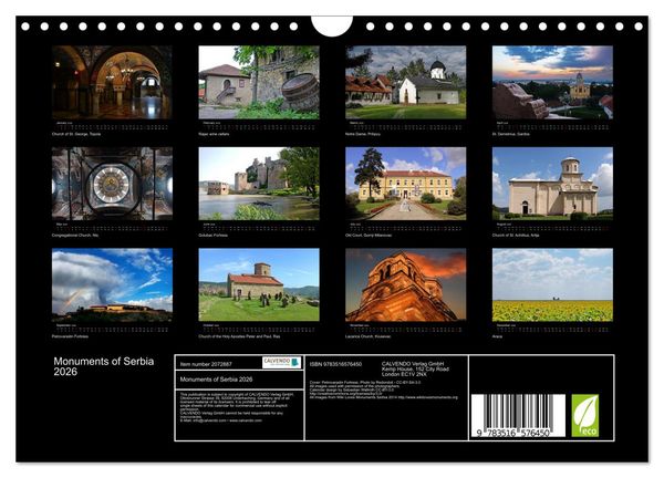 Produktbild: Monuments of Serbia 2026 (Wall Calendar 2026 DIN A4 landscape), CALVENDO 12 Month Wall Calendar
