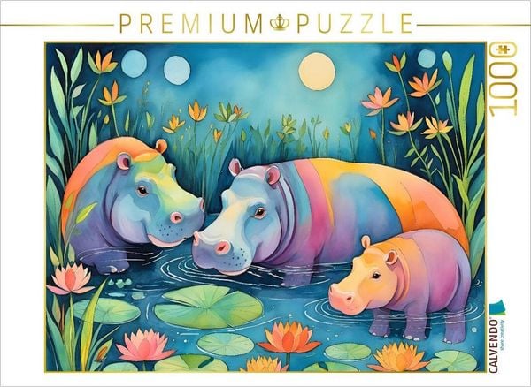 CALVENDO Puzzle Kunterbunte Nilpferde im Wasser | 1000 Teile Lege-Größe 64x48cm Foto-Puzzle für glückliche Stunden