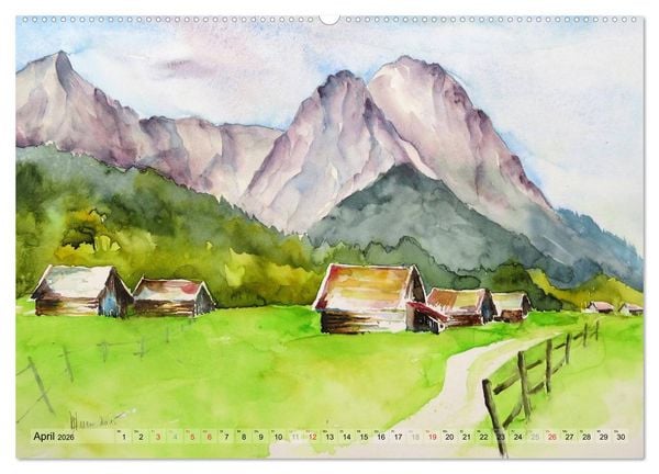 Produktbild: Malerisches Garmisch Partenkirchen - Aquarelle und Fotografien (hochwertiger Premium Wandkalender 2026 DIN A2 quer), Kunstdruck in Hochglanz