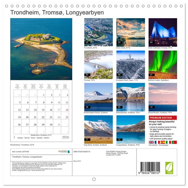 Produktbild: Trondheim, Troms&oslash;, Longyearbyen (Wall Calendar 2026 12 &times; 12 Inch) CALVENDO 12 Month Wall Calendar