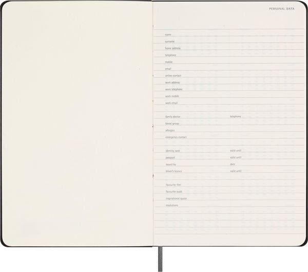 Produktbild: Moleskine undatierter Wochen Notizkalender, L/A5, 1 Wo = 1 Seite, Rechts linierte Seite, Fester Einband mit Textpr&auml;gung gold, Schwarz
