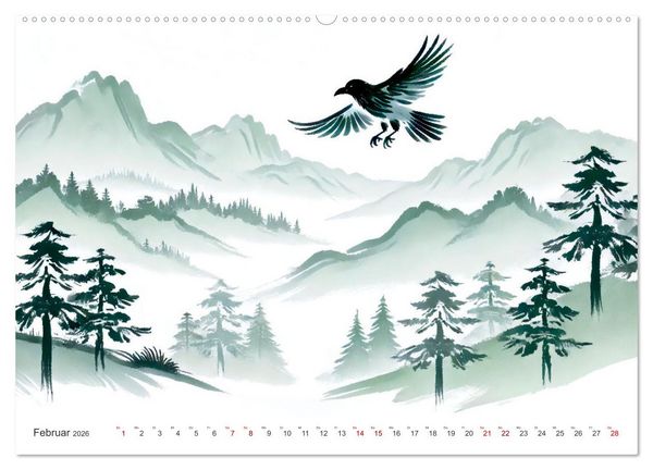 Produktbild: Federleicht - Vogelwelt im Stile asiatischer Tuschmalerei (hochwertiger Premium Wandkalender 2026 DIN A2 quer), Kunstdruck in Hochglanz