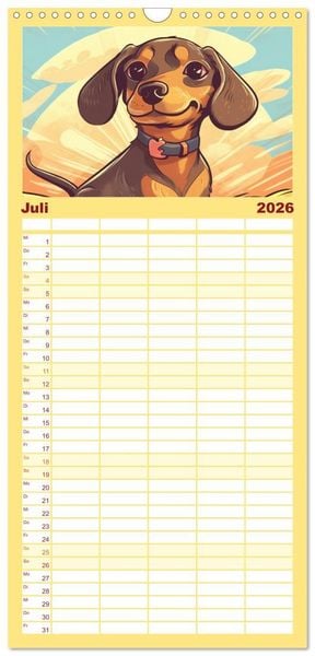 Produktbild: Familienplaner 2026 - Dackel mit 5 Spalten (Wandkalender, 21 x 45 cm) CALVENDO