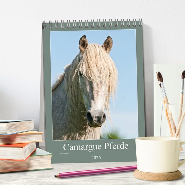 Produktbild: Camargue Pferde - wei&szlig;e M&auml;hnen (Tischkalender 2026 DIN A5 hoch), CALVENDO Monatskalender
