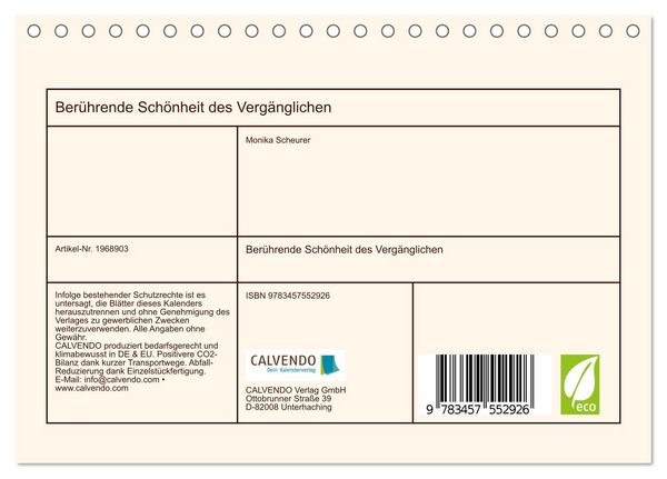 Produktbild: Ber&uuml;hrende Sch&ouml;nheit des Verg&auml;nglichen (Tischkalender 2026 DIN A5 quer), CALVENDO Monatskalender