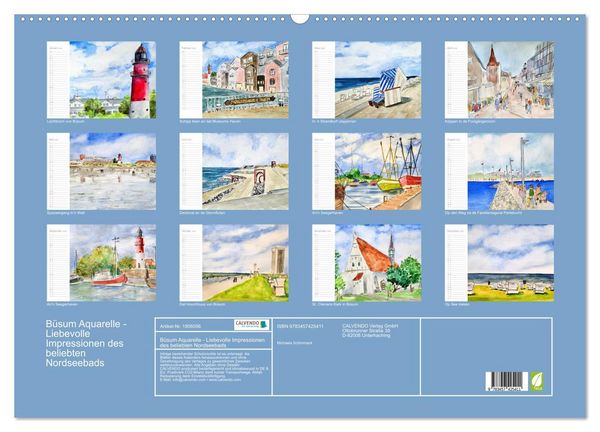 Produktbild: B&uuml;sum Aquarelle - Liebevolle Impressionen des beliebten Nordseebads (Wandkalender 2026 DIN A2 quer), CALVENDO Monatskalender