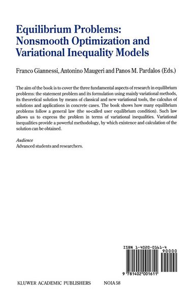 Produktbild: Equilibrium Problems: Nonsmooth Optimization and Variational Inequality Models