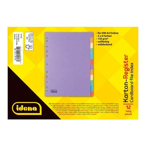 Produktbild: Idena Kartonregister 12teilig 6 Farben 150g/m&sup2; DIN A4