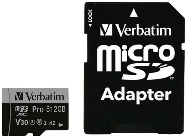 Verbatim Pro microSDXC-Karte 512 GB UHS-Class 3 4K-Videounterstützung, A2-Leistungsstandard, inkl. SD-Adapter, stoßsiche