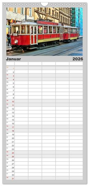 Produktbild: Familienplaner 2026 - Durch die Welt mit der Stra&szlig;enbahn mit 5 Spalten (Wandkalender, 21 x 45 cm) CALVENDO