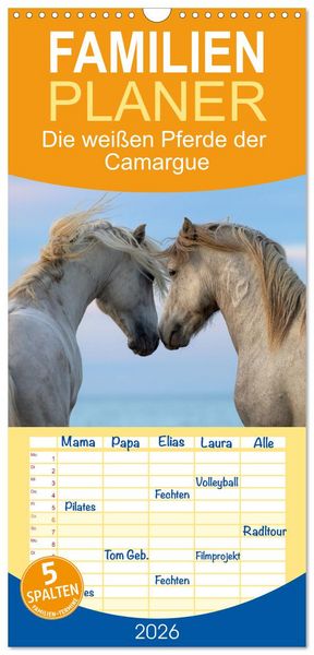 Produktbild: Familienplaner 2026 - Die wei&szlig;en Pferde der Camargue mit 5 Spalten (Wandkalender, 21 x 45 cm) CALVENDO