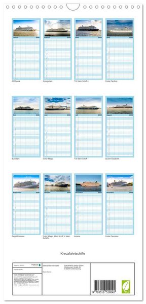 Produktbild: Familienplaner 2026 - Kreuzfahrtschiffe mit 5 Spalten (Wandkalender, 21 x 45 cm) CALVENDO