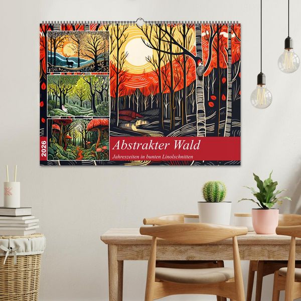 Produktbild: Abstrakter Wald - Jahreszeiten in bunten Linolschnitten (Wandkalender 2026 DIN A2 quer), CALVENDO Monatskalender
