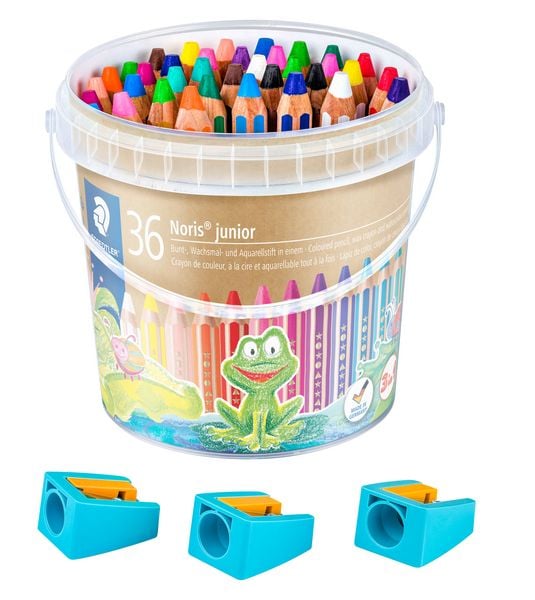 Produktbild: STAEDTLER Noris junior 140 Kindermalstift 3 in 1, Eimer mit 36 Malstiften in 18 sortierten Farben und 3 Spitzern, 140 C36