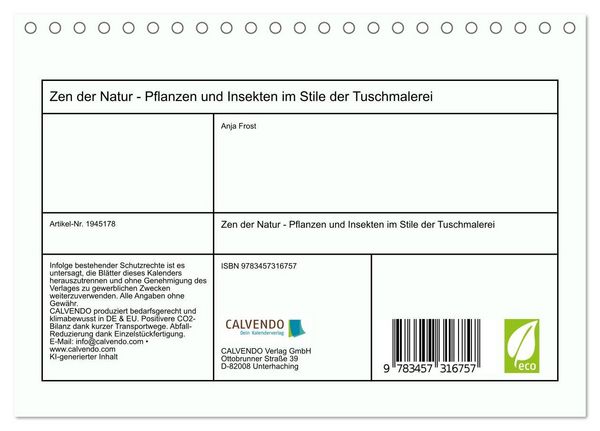 Produktbild: Zen der Natur - Pflanzen und Insekten im Stile der Tuschmalerei (Tischkalender 2026 DIN A5 quer), CALVENDO Monatskalender