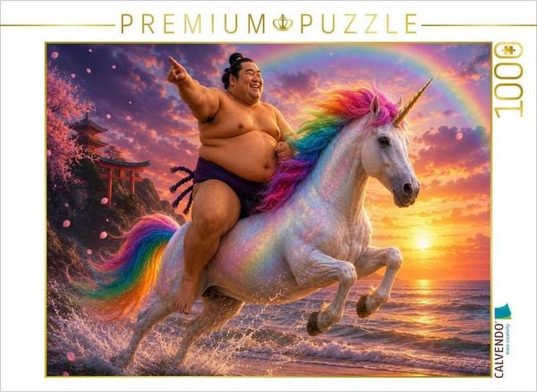 CALVENDO Puzzle Sumoringer und Einhorn im Sonnenuntergang | 1000 Teile Lege-Größe 64x48cm Foto-Puzzle für glückliche Stunden