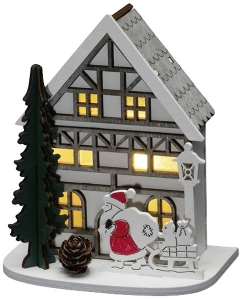 Konstsmide 3277-210 Holz-Figur Haus mit Weihnachtsmann Warmweiß LED Warmweiß  Timer, mit Schalter