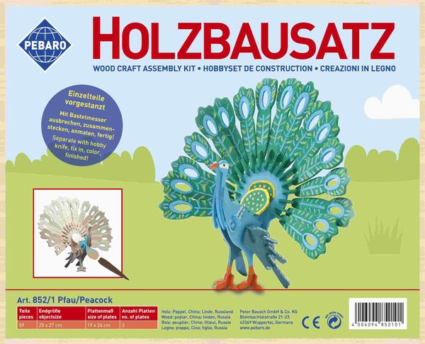 Produktbild: PEBARO 852/1 - Holzbausatz Pfau, 59 Teile, Holzkonstruktion zum Zusammenstecken
