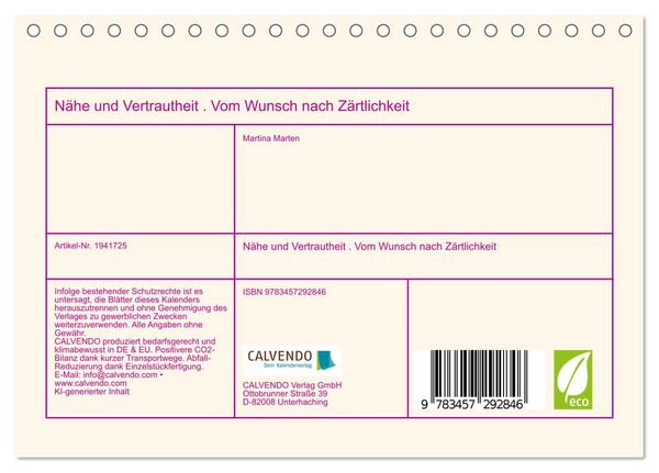 Produktbild: N&auml;he und Vertrautheit . Vom Wunsch nach Z&auml;rtlichkeit (Tischkalender 2026 DIN A5 quer), CALVENDO Monatskalender