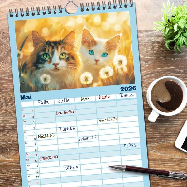 Produktbild: Familienplaner 2026 - Katzen Illustrationen - Faszination pur mit 5 Spalten (Wandkalender, 21 x 45 cm) CALVENDO
