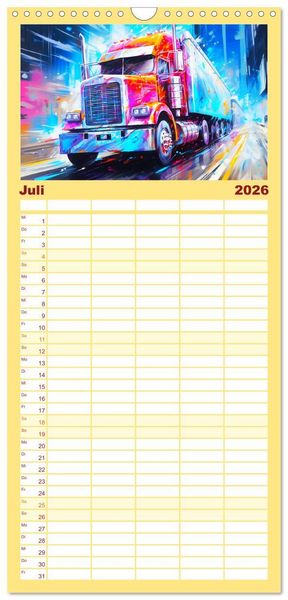 Produktbild: Familienplaner 2026 - Langhauber Paintings. Trucks in lebendigen Farben mit 5 Spalten (Wandkalender, 21 x 45 cm) CALVENDO