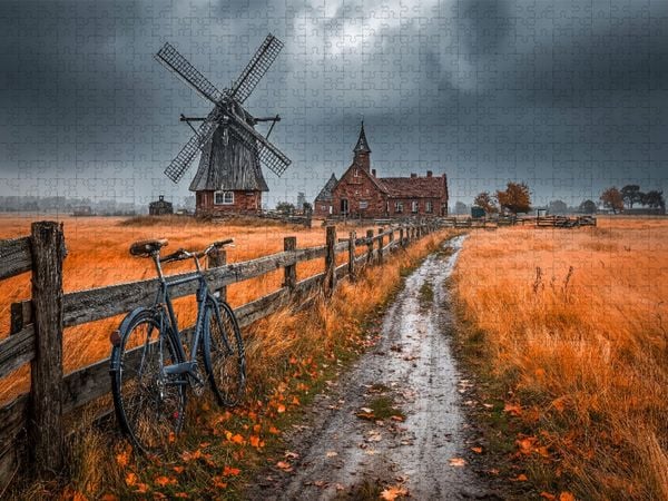 Produktbild: CALVENDO Puzzle Windm&uuml;hle im norddeutschen Herbst - L&auml;ndliches Idyll mit Nostalgie | 1000 Teile Lege-Gr&ouml;&szlig;e 64x48cm Foto-Puzzle f&uuml;r gl&uuml;ckliche Stunden