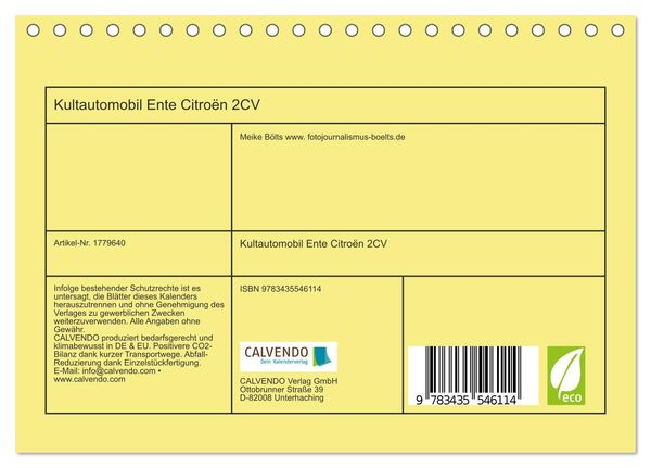 Produktbild: Kultautomobil Ente Citro&euml;n 2CV (Tischkalender 2025 DIN A5 quer), CALVENDO Monatskalender